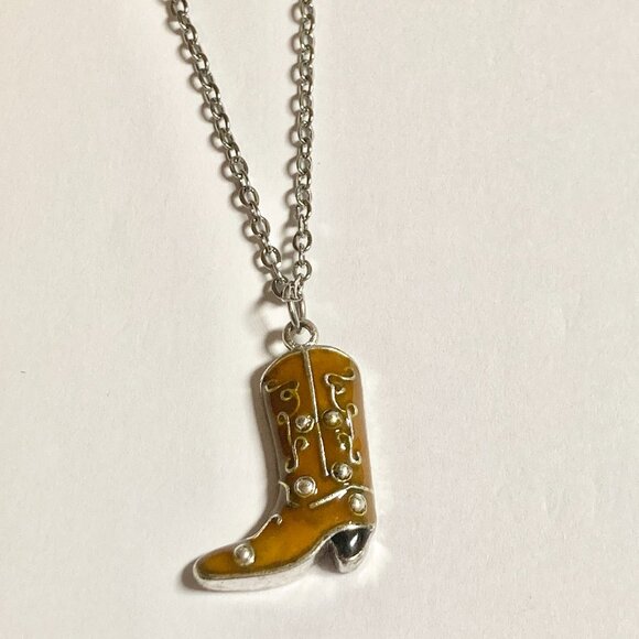 Cowboy Boot Necklace Cowgirl Brown Enamel Country Western Stainless Steel 20" - Picture 5 of 9